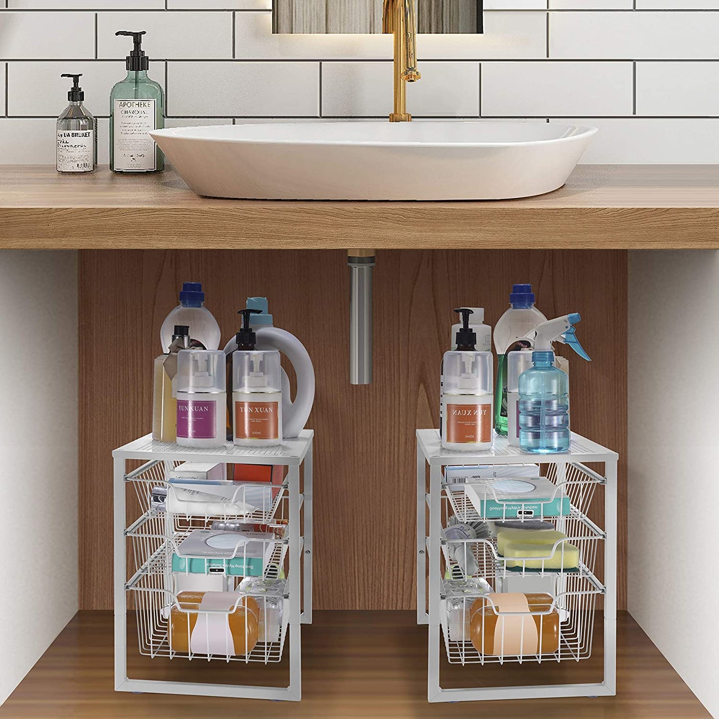 3-Tier Under-Sink Cabinet Organizer with Sliding Drawer - Stackable Desktop Storage Solution for Kitchen, Bathroom, and Office - White