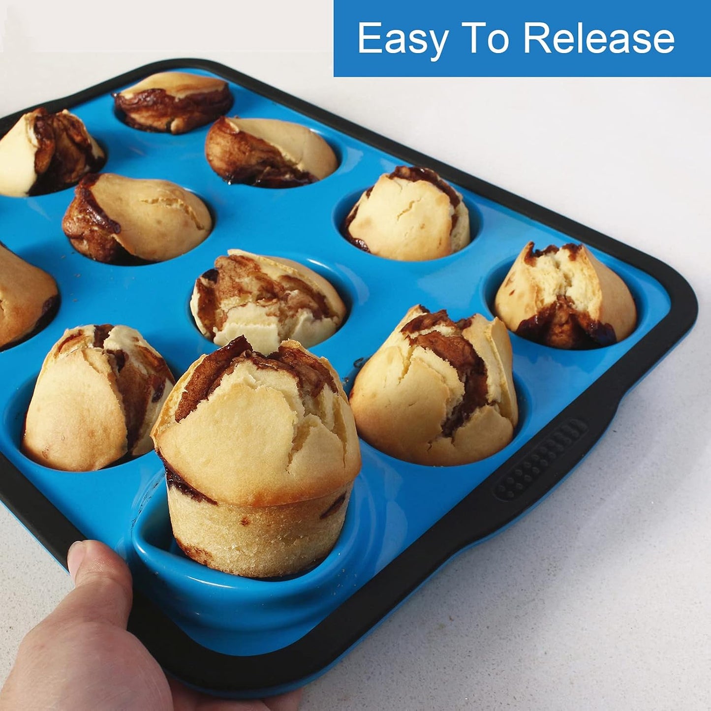 Professional Non-Stick Silicone Muffin Pan with Reinforced Stainless Steel Frame, 12-Cup BPA-Free Baking Mold, Dishwasher Safe, Blue