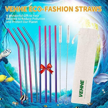 Reusable Stainless Steel Drinking Straws - 10.5" Ultra Long Rainbow Set of 8 with Cleaning Brush for 20/30 Oz Yeti Cups