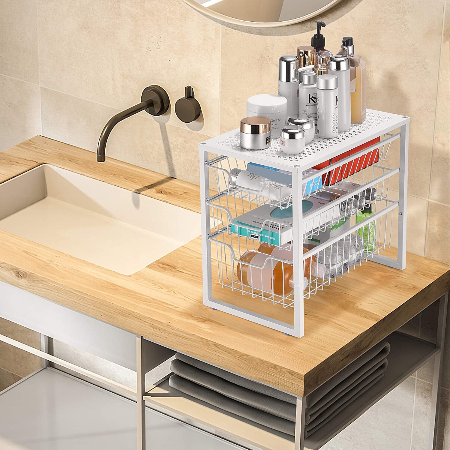 3-Tier Under-Sink Cabinet Organizer with Sliding Drawer - Stackable Desktop Storage Solution for Kitchen, Bathroom, and Office - White