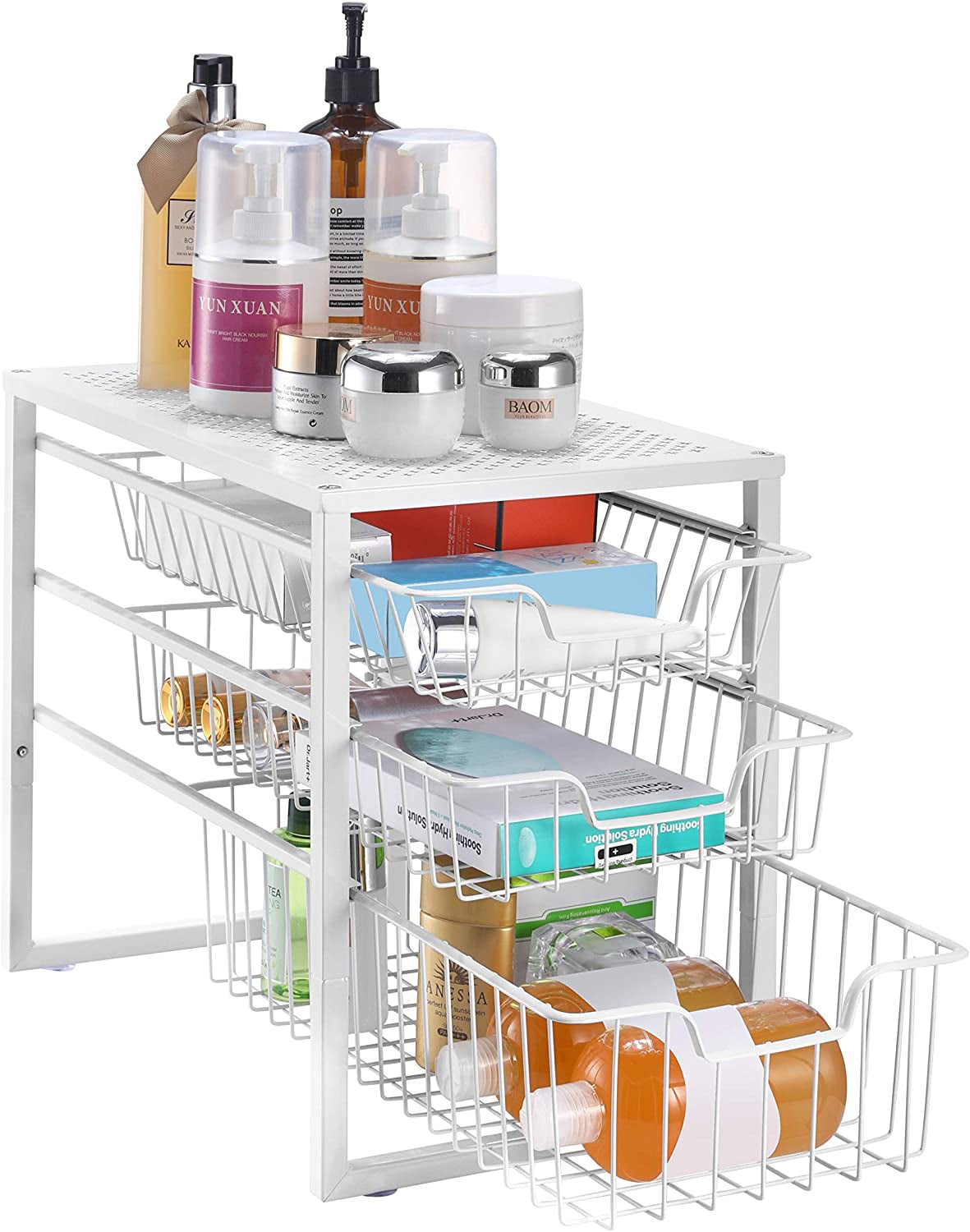 3-Tier Under-Sink Cabinet Organizer with Sliding Drawer - Stackable Desktop Storage Solution for Kitchen, Bathroom, and Office - White