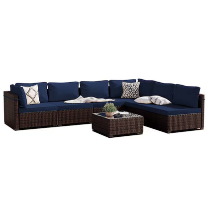 7 -Piece Rattan Patio Conversation Set with Beige Cushions