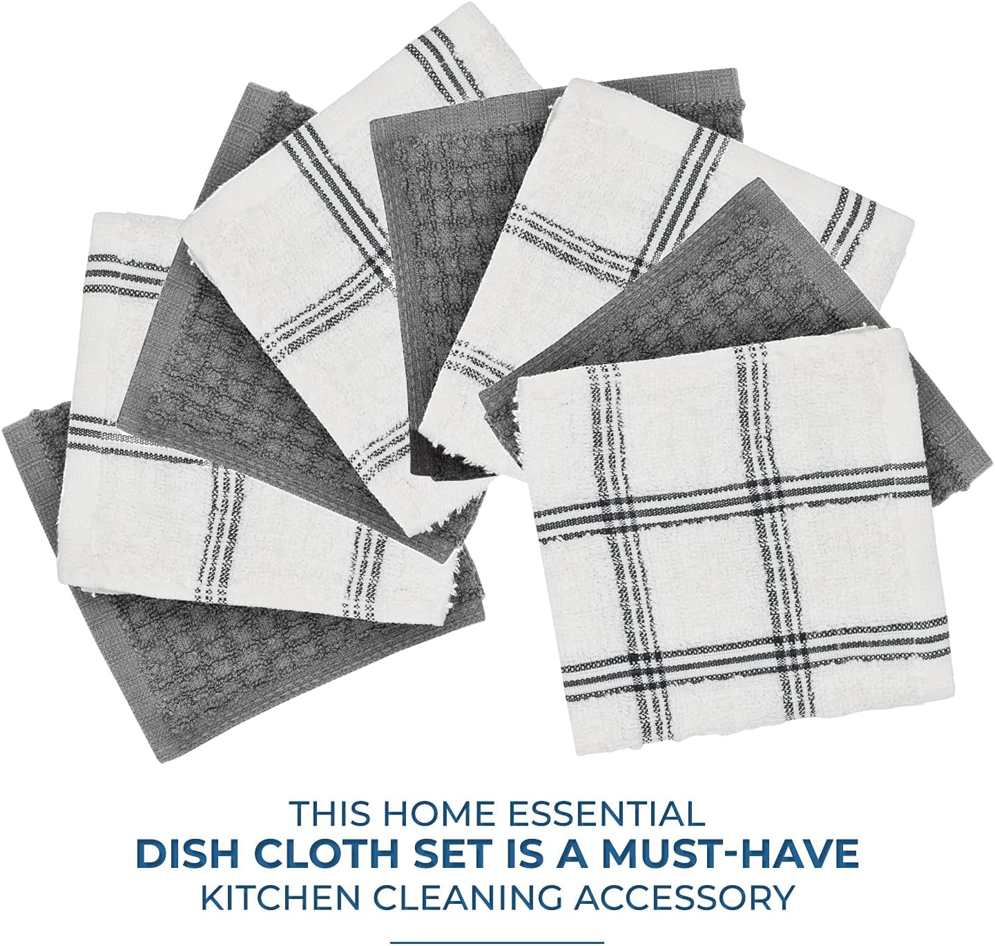 Premium 100% Cotton Dish Cloths - 12 x 12 Inches - Pack of 8 - Ultra Soft and Highly Absorbent Kitchen Towels - Terry Cleaning Cloths for Kitchen and Household Use - Grey