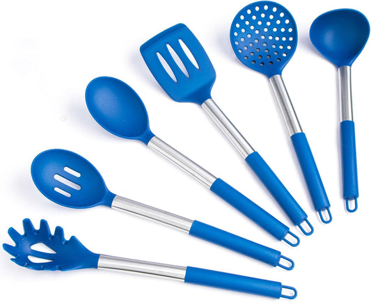6-Piece Blue Silicone Kitchen Utensils Set with Stainless Steel Handles for Nonstick Cookware