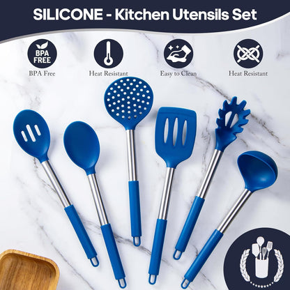 6-Piece Blue Silicone Kitchen Utensils Set with Stainless Steel Handles for Nonstick Cookware
