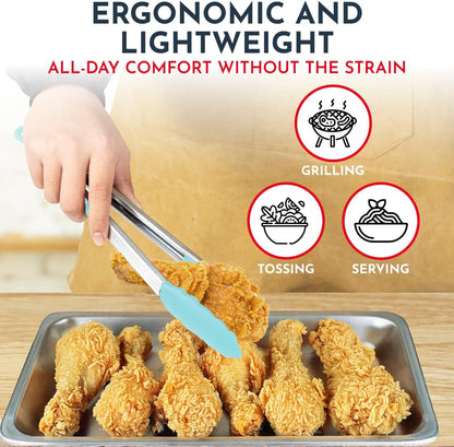 Professional Silicone Kitchen Tongs Set - Heat Resistant Cooking Utensils, 7-Inch, 9-Inch, and 12-Inch Locking Tongs for Serving and Salad, Aqua Color