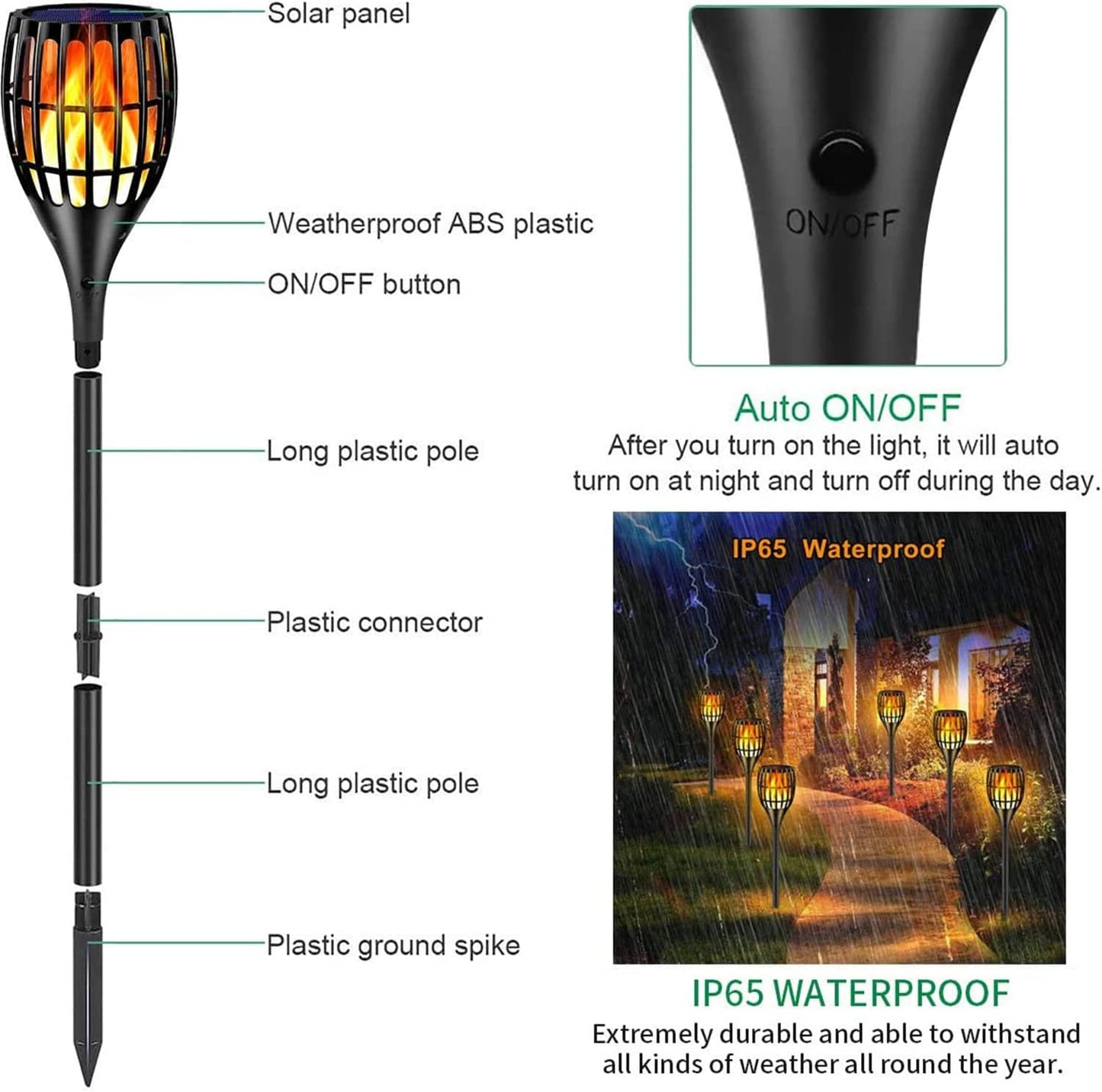 Solar Outdoor Torches - 43" Flickering Flame Solar Garden Lights, Waterproof Landscape Lighting with Dusk to Dawn Auto On/Off Feature, 4-Pack for Yard, Patio, and Driveway Security