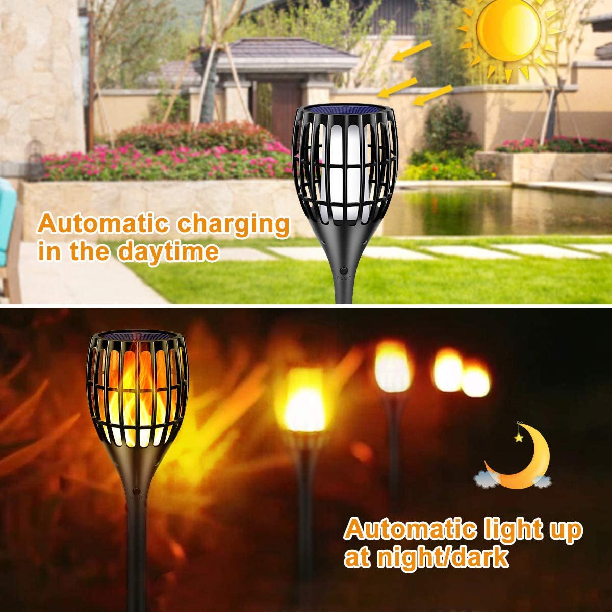 Solar Outdoor Torches - 43" Flickering Flame Solar Garden Lights, Waterproof Landscape Lighting with Dusk to Dawn Auto On/Off Feature, 4-Pack for Yard, Patio, and Driveway Security