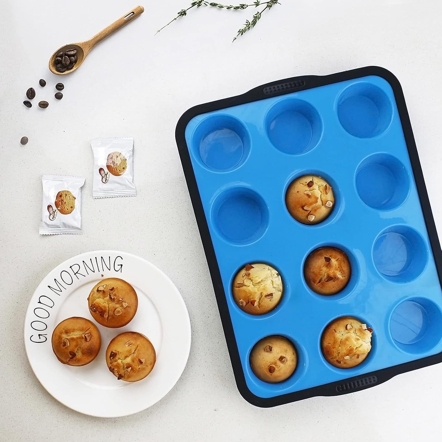 Professional Non-Stick Silicone Muffin Pan with Reinforced Stainless Steel Frame, 12-Cup BPA-Free Baking Mold, Dishwasher Safe, Blue