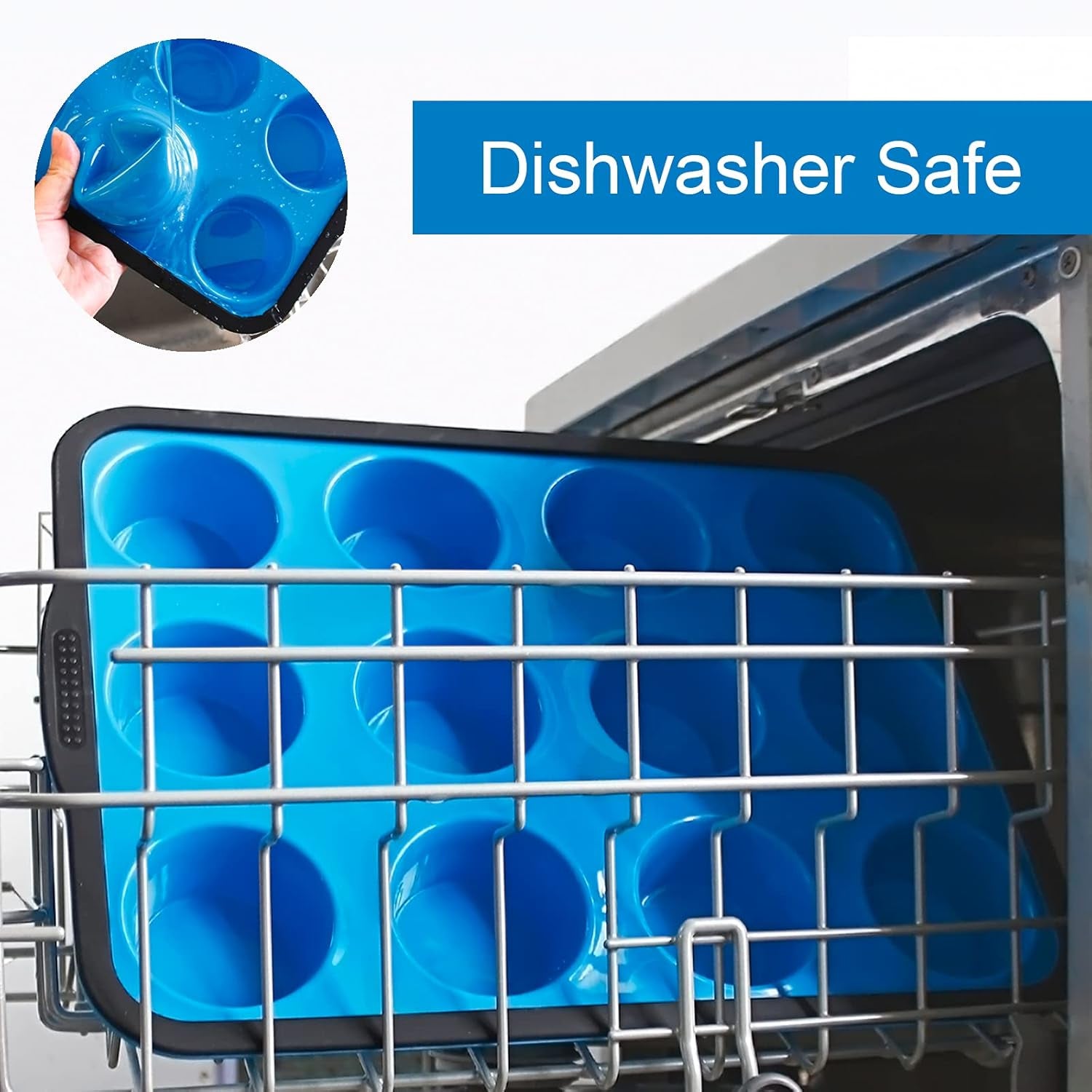 Professional Non-Stick Silicone Muffin Pan with Reinforced Stainless Steel Frame, 12-Cup BPA-Free Baking Mold, Dishwasher Safe, Blue