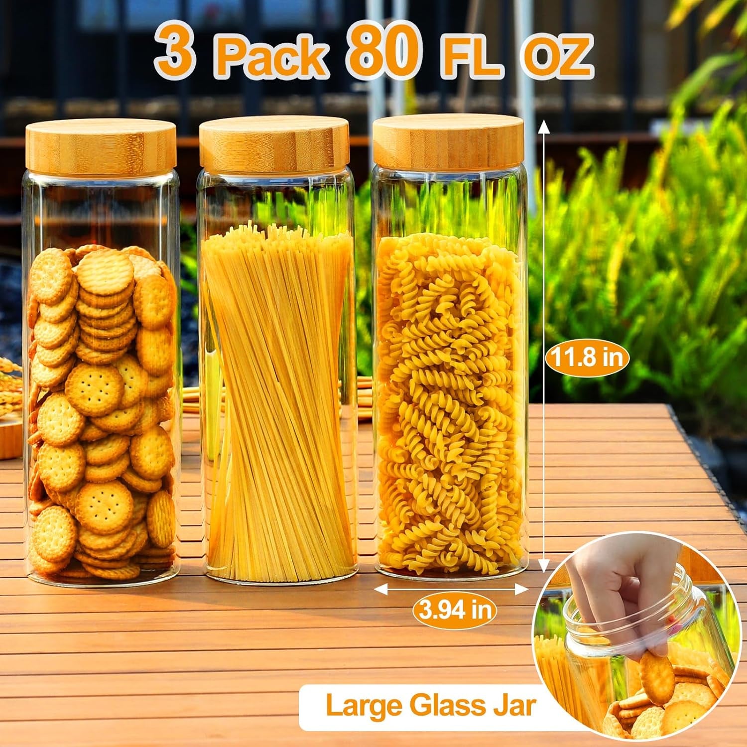 Airtight Glass Storage Jars with Bamboo Lids - 3 Pack, 80 Oz Cereal, Cookie, and Pasta Containers