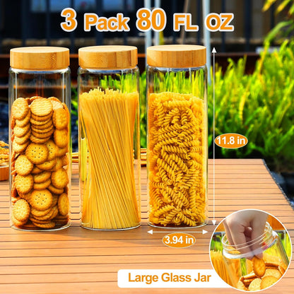 Airtight Glass Storage Jars with Bamboo Lids - 3 Pack, 80 Oz Cereal, Cookie, and Pasta Containers