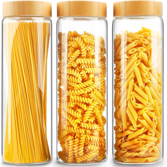 Airtight Glass Storage Jars with Bamboo Lids - 3 Pack, 80 Oz Cereal, Cookie, and Pasta Containers
