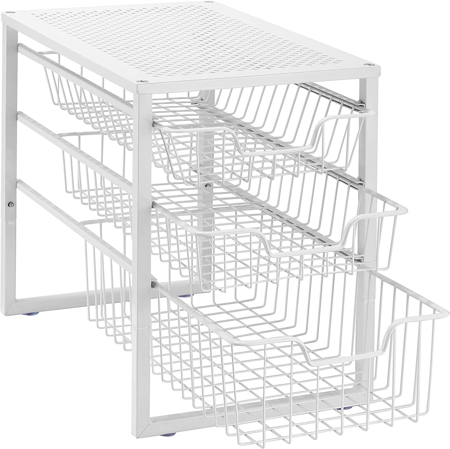 3-Tier Under-Sink Cabinet Organizer with Sliding Drawer - Stackable Desktop Storage Solution for Kitchen, Bathroom, and Office - White