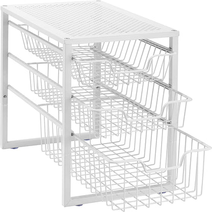3-Tier Under-Sink Cabinet Organizer with Sliding Drawer - Stackable Desktop Storage Solution for Kitchen, Bathroom, and Office - White
