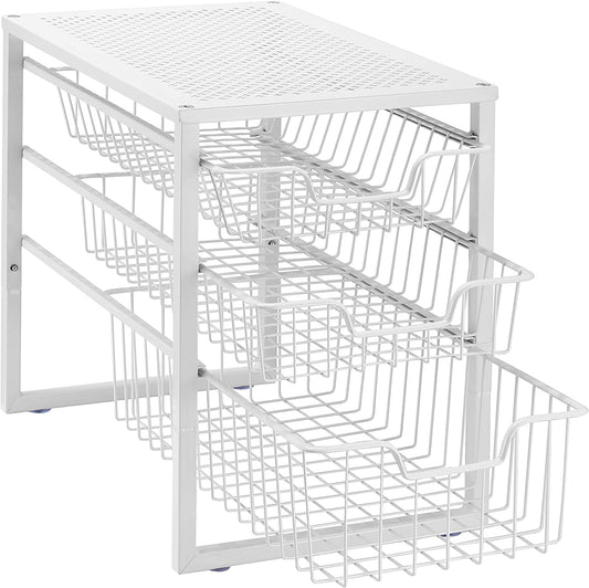3-Tier Under-Sink Cabinet Organizer with Sliding Drawer - Stackable Desktop Storage Solution for Kitchen, Bathroom, and Office - White