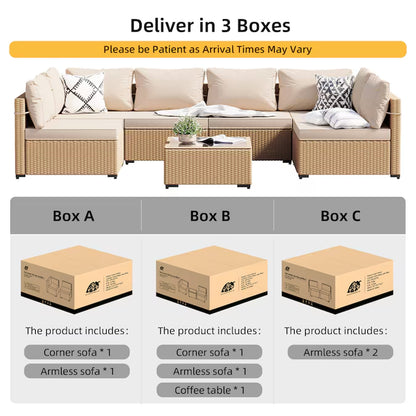 7 -Piece Rattan Patio Conversation Set with Beige Cushions