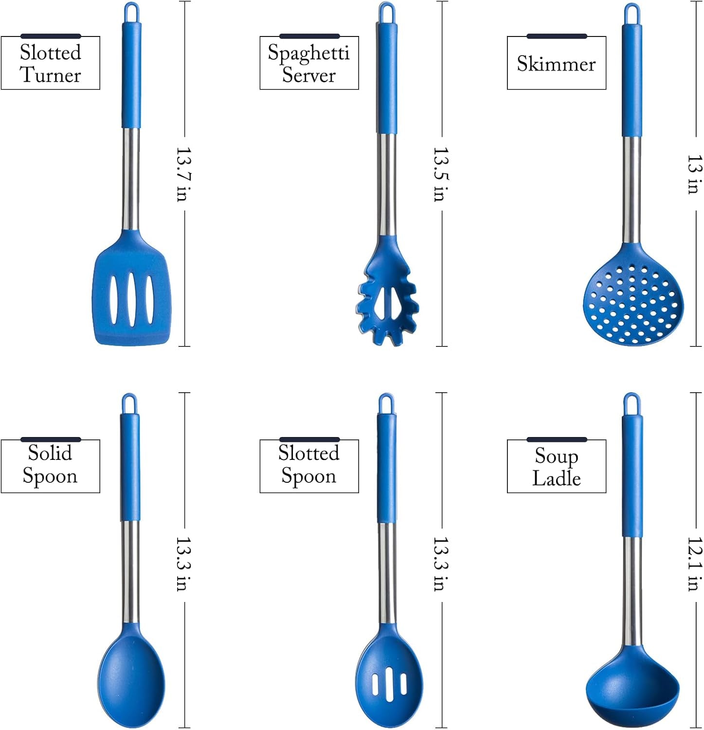 6-Piece Blue Silicone Kitchen Utensils Set with Stainless Steel Handles for Nonstick Cookware