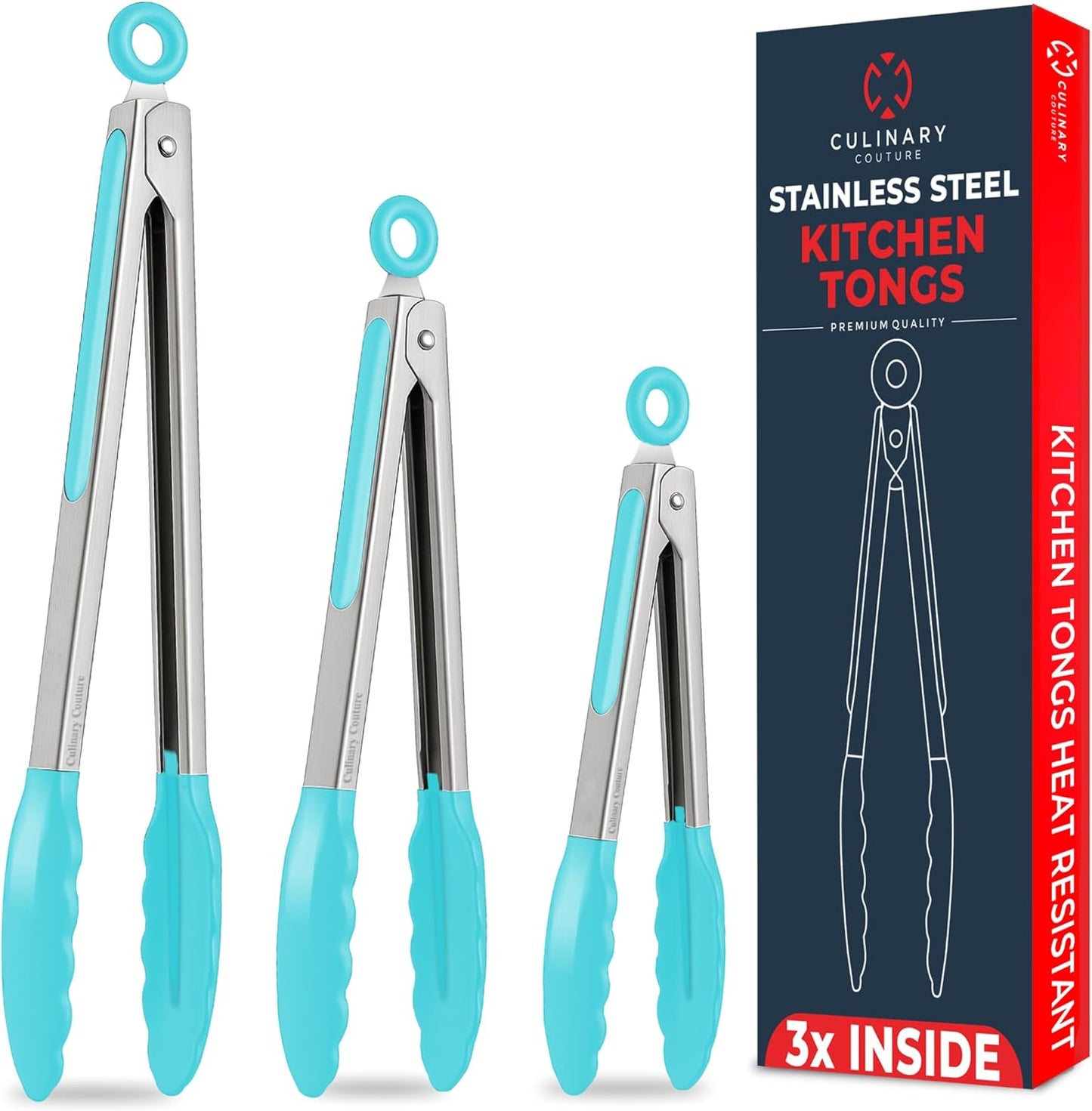 Professional Silicone Kitchen Tongs Set - Heat Resistant Cooking Utensils, 7-Inch, 9-Inch, and 12-Inch Locking Tongs for Serving and Salad, Aqua Color