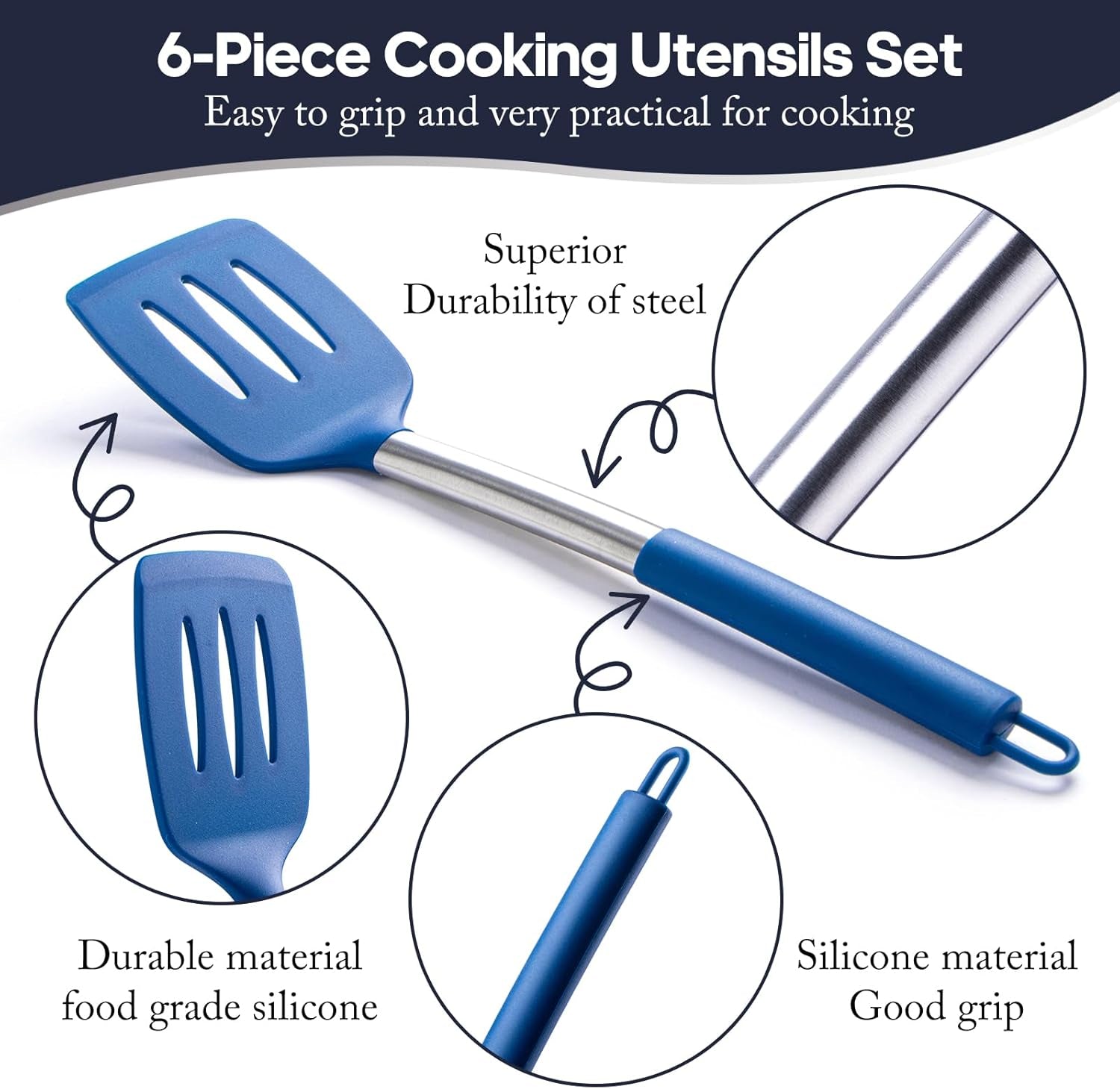 6-Piece Blue Silicone Kitchen Utensils Set with Stainless Steel Handles for Nonstick Cookware
