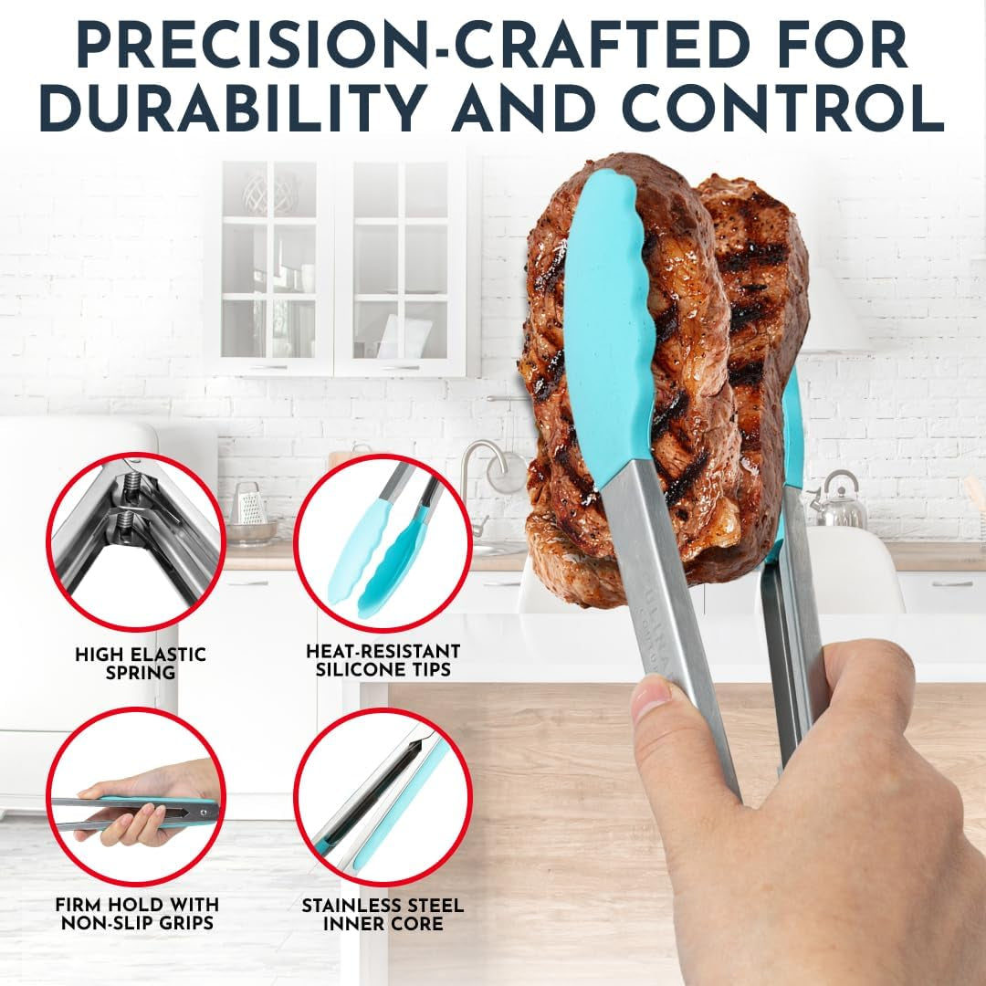 Professional Silicone Kitchen Tongs Set - Heat Resistant Cooking Utensils, 7-Inch, 9-Inch, and 12-Inch Locking Tongs for Serving and Salad, Aqua Color