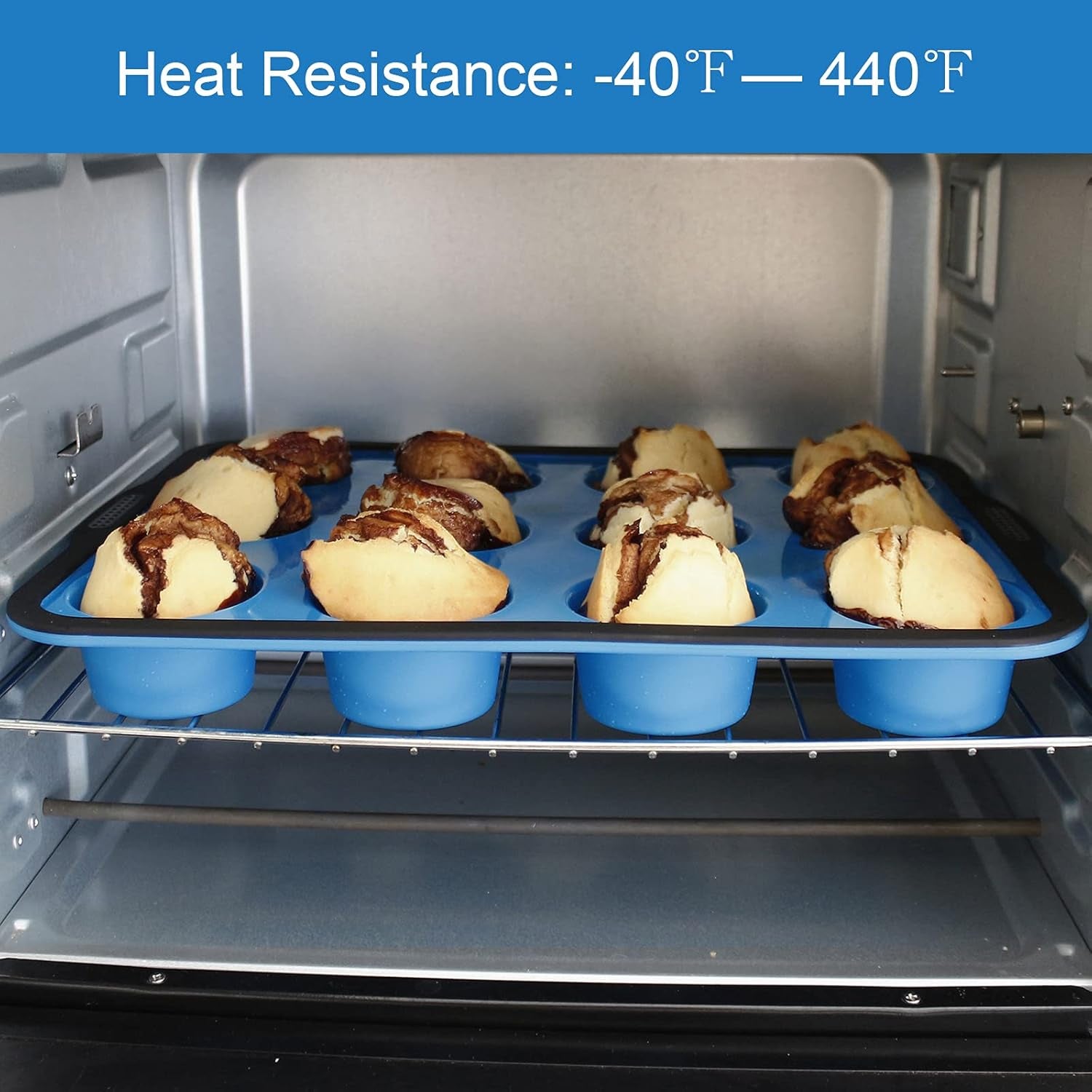 Professional Non-Stick Silicone Muffin Pan with Reinforced Stainless Steel Frame, 12-Cup BPA-Free Baking Mold, Dishwasher Safe, Blue