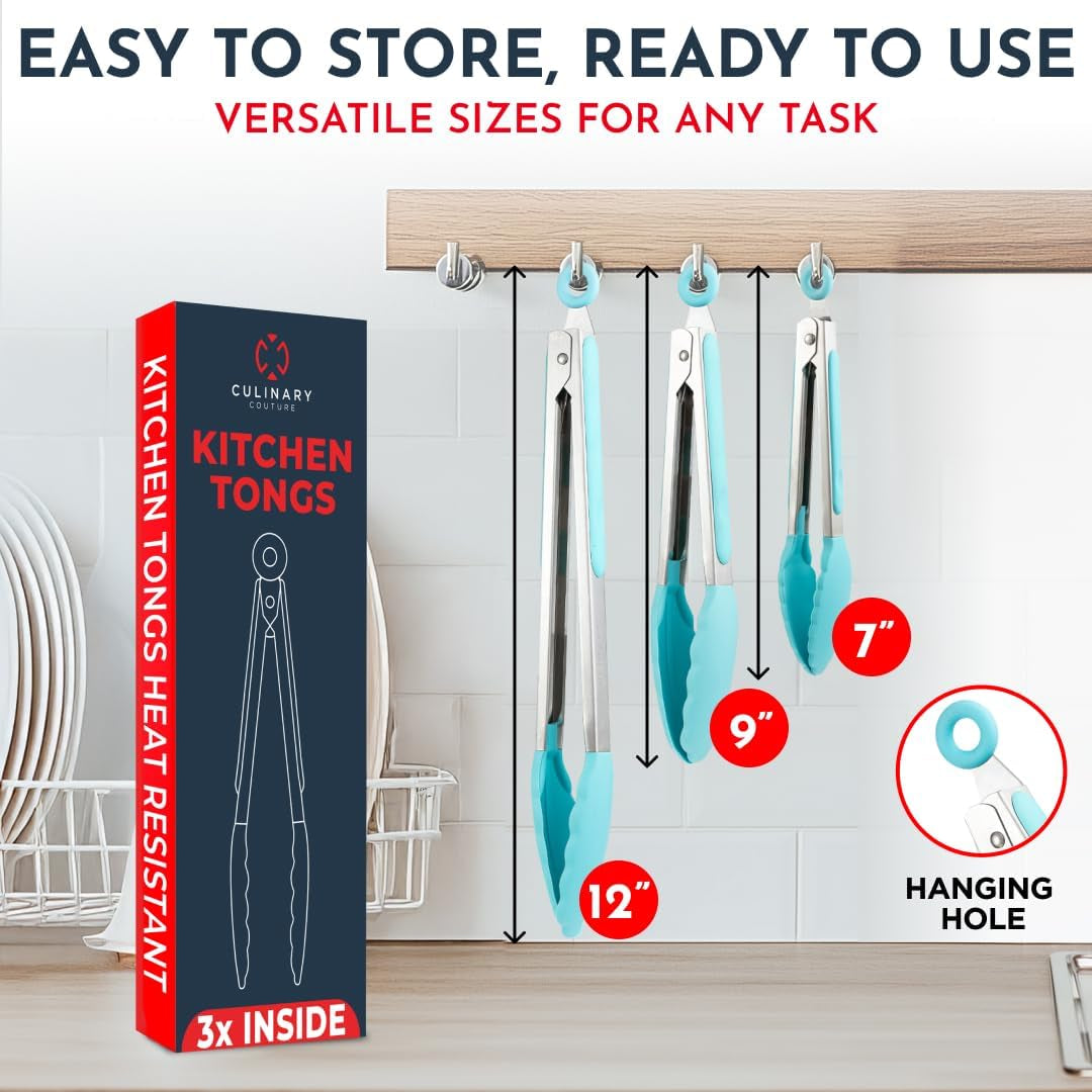 Professional Silicone Kitchen Tongs Set - Heat Resistant Cooking Utensils, 7-Inch, 9-Inch, and 12-Inch Locking Tongs for Serving and Salad, Aqua Color