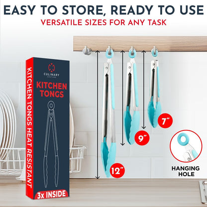 Professional Silicone Kitchen Tongs Set - Heat Resistant Cooking Utensils, 7-Inch, 9-Inch, and 12-Inch Locking Tongs for Serving and Salad, Aqua Color