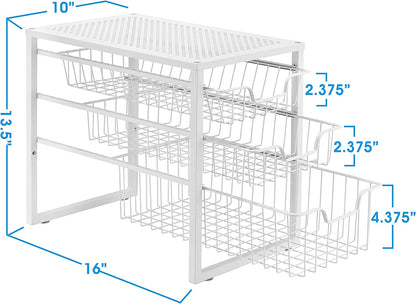 3-Tier Under-Sink Cabinet Organizer with Sliding Drawer - Stackable Desktop Storage Solution for Kitchen, Bathroom, and Office - White