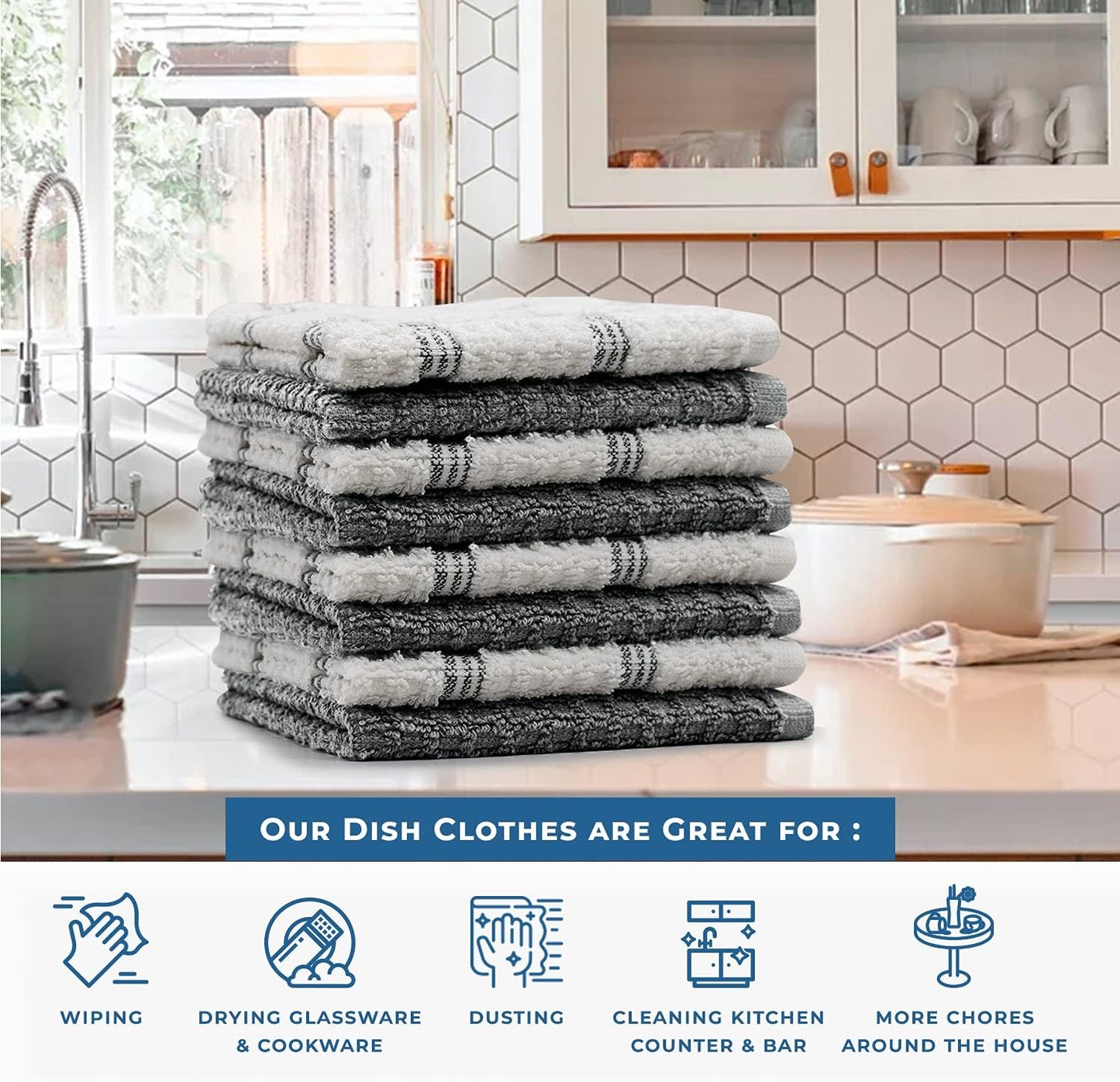 Premium 100% Cotton Dish Cloths - 12 x 12 Inches - Pack of 8 - Ultra Soft and Highly Absorbent Kitchen Towels - Terry Cleaning Cloths for Kitchen and Household Use - Grey