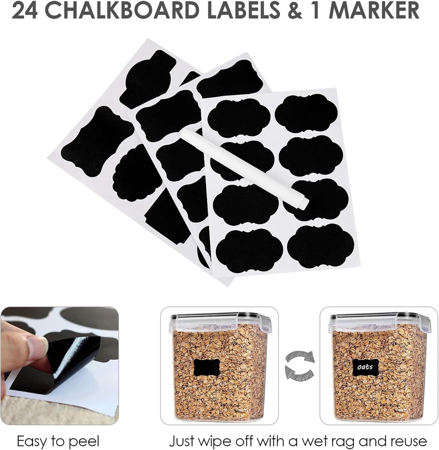 Professional Airtight Food Storage Container Set - 12 Pieces, 1.5Qt / 1.6L, BPA-Free Plastic for Kitchen Pantry, Ideal for Sugar, Flour, and Baking Supplies - Dishwasher Safe with 24 Labels, Black