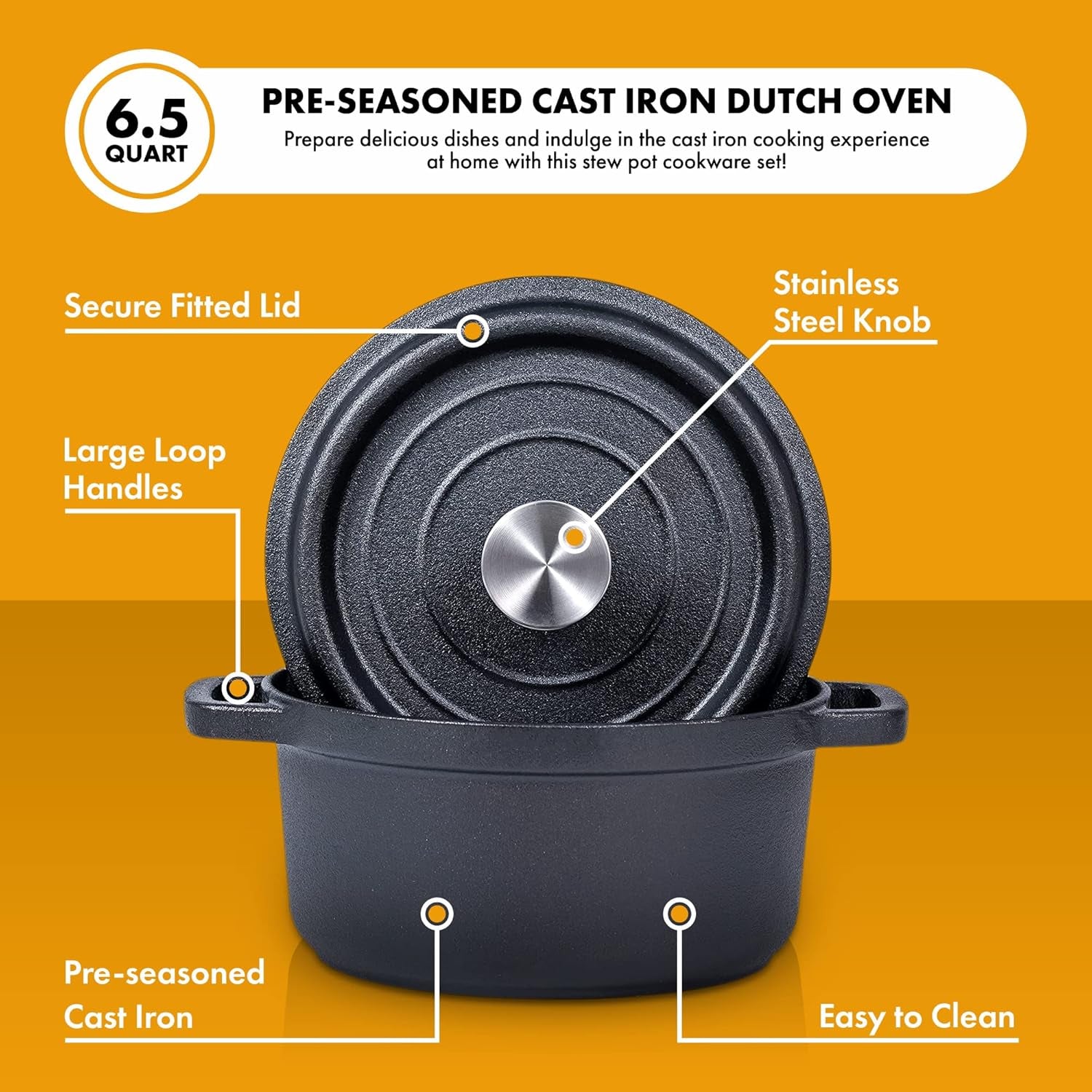 5.2 Quart Pre-Seasoned Cast Iron Dutch Oven with Lid and Handles - Versatile Black Cast Iron Cookware for Casseroles and Braising - Compatible with Induction Stovetops