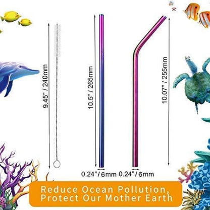 Reusable Stainless Steel Drinking Straws - 10.5" Ultra Long Rainbow Set of 8 with Cleaning Brush for 20/30 Oz Yeti Cups