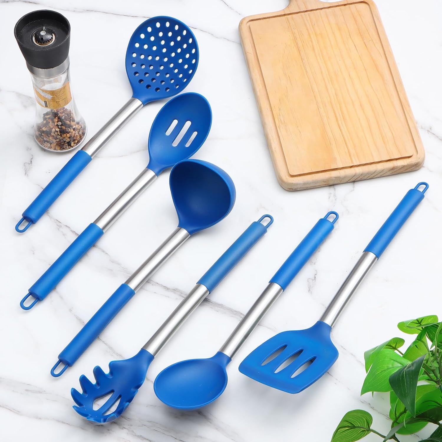 6-Piece Blue Silicone Kitchen Utensils Set with Stainless Steel Handles for Nonstick Cookware