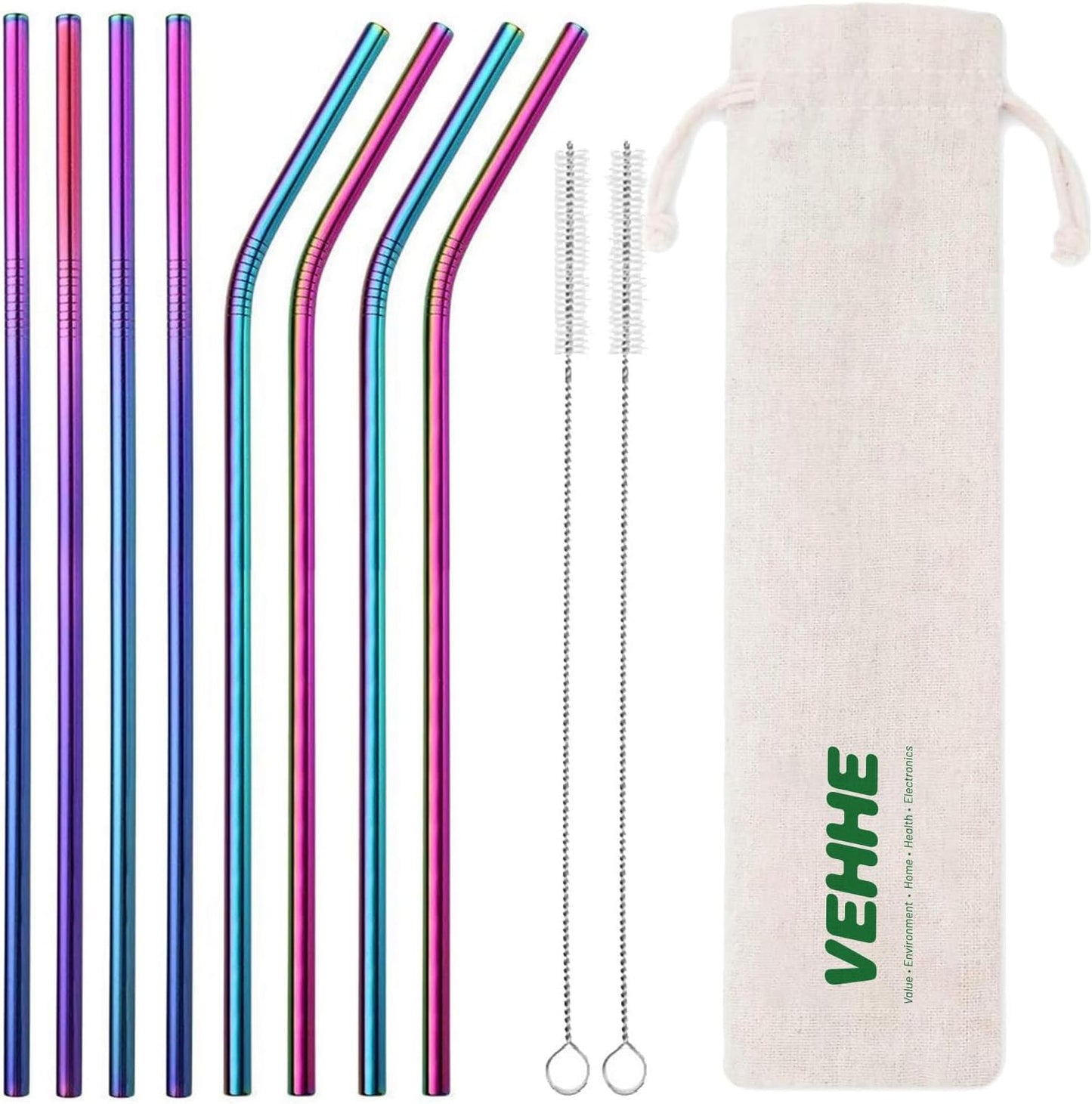 Reusable Stainless Steel Drinking Straws - 10.5" Ultra Long Rainbow Set of 8 with Cleaning Brush for 20/30 Oz Yeti Cups