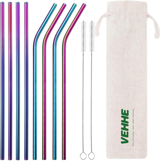 Reusable Stainless Steel Drinking Straws - 10.5" Ultra Long Rainbow Set of 8 with Cleaning Brush for 20/30 Oz Yeti Cups
