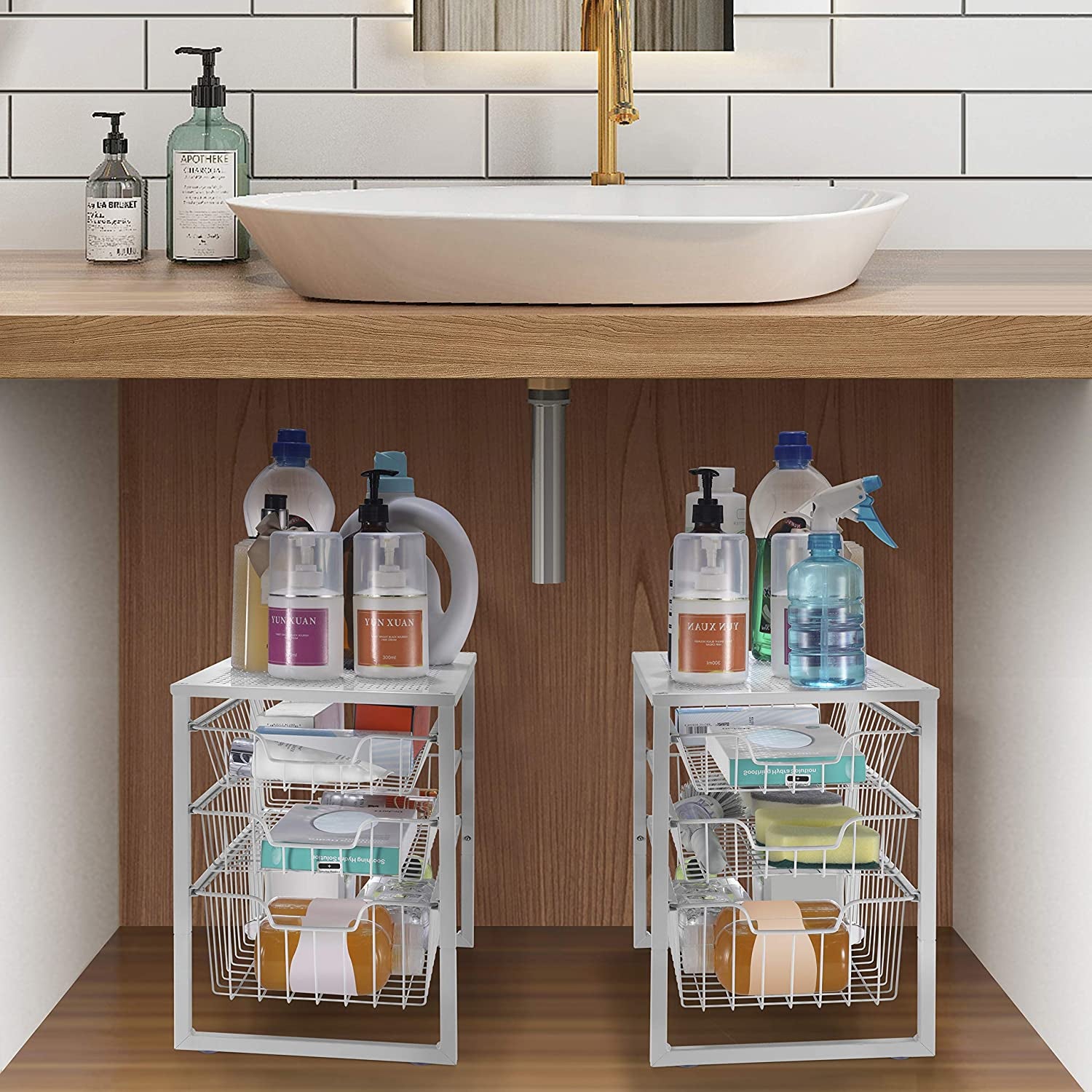 3-Tier Under-Sink Cabinet Organizer with Sliding Drawer - Stackable Desktop Storage Solution for Kitchen, Bathroom, and Office - White