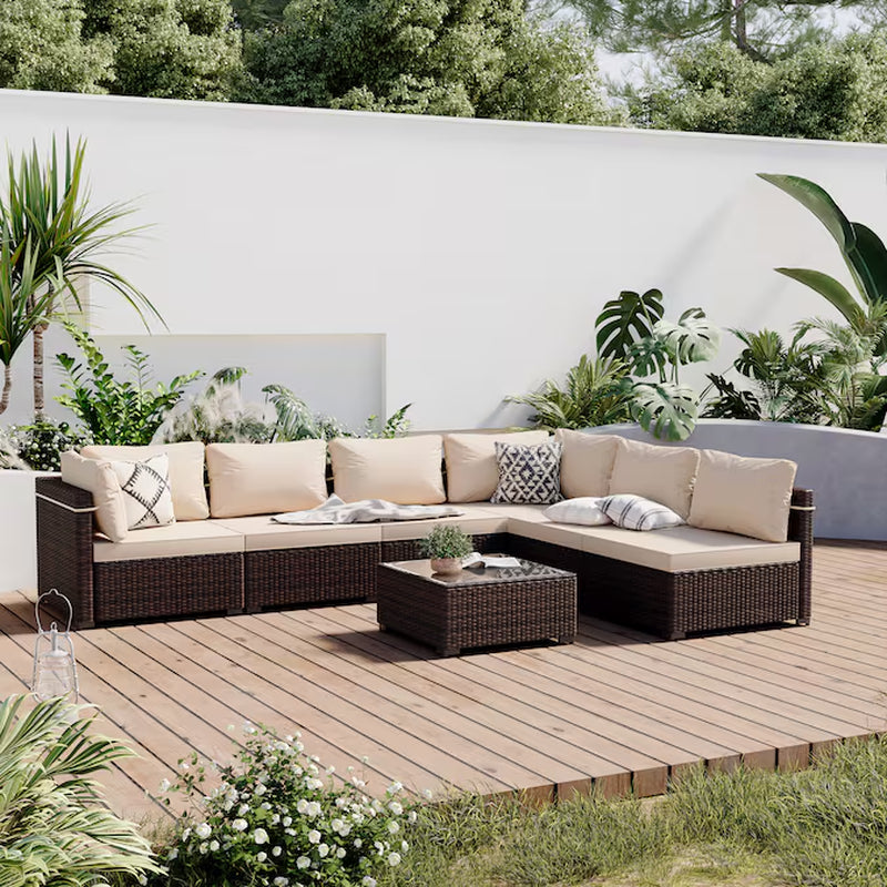 7 -Piece Rattan Patio Conversation Set with Beige Cushions