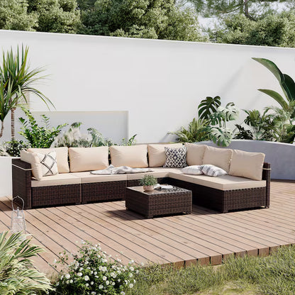 7 -Piece Rattan Patio Conversation Set with Beige Cushions