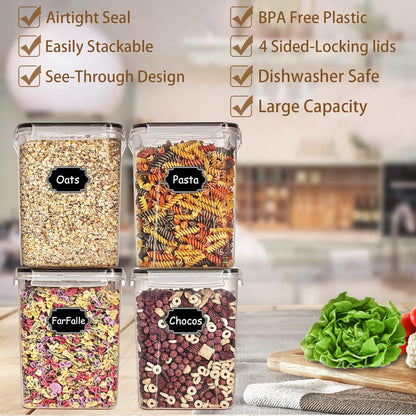 Large Airtight Food Storage Containers, 5.2L / 175Oz, Set of 4 BPA-Free Plastic Containers for Flour, Sugar, and Baking Supplies with 20 Labels