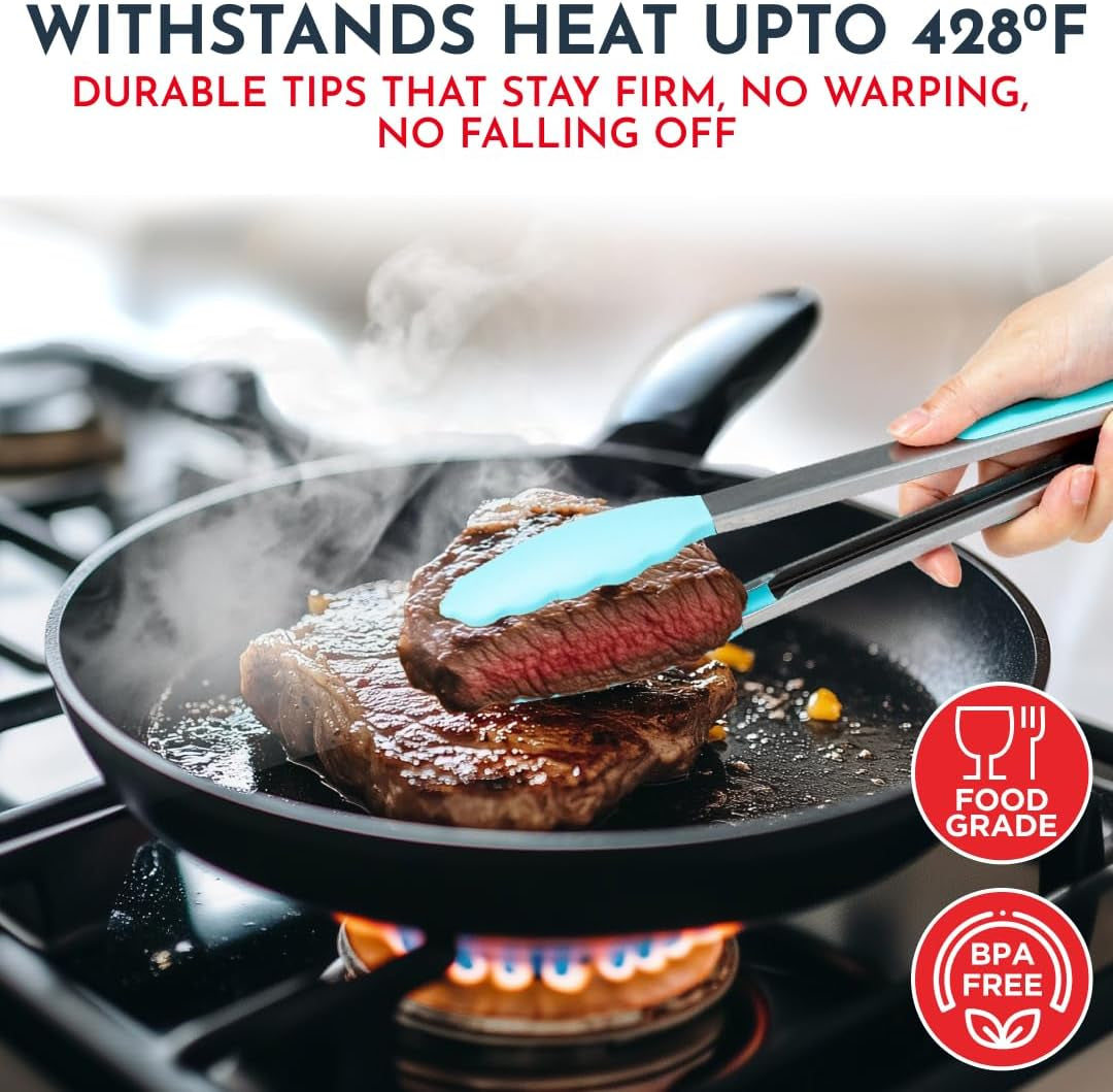 Professional Silicone Kitchen Tongs Set - Heat Resistant Cooking Utensils, 7-Inch, 9-Inch, and 12-Inch Locking Tongs for Serving and Salad, Aqua Color