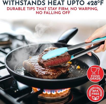 Professional Silicone Kitchen Tongs Set - Heat Resistant Cooking Utensils, 7-Inch, 9-Inch, and 12-Inch Locking Tongs for Serving and Salad, Aqua Color