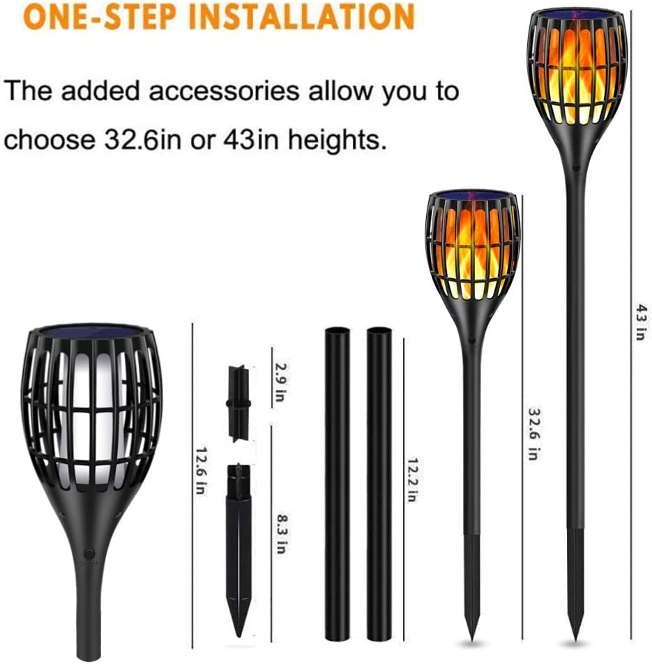 Solar Outdoor Torches - 43" Flickering Flame Solar Garden Lights, Waterproof Landscape Lighting with Dusk to Dawn Auto On/Off Feature, 4-Pack for Yard, Patio, and Driveway Security