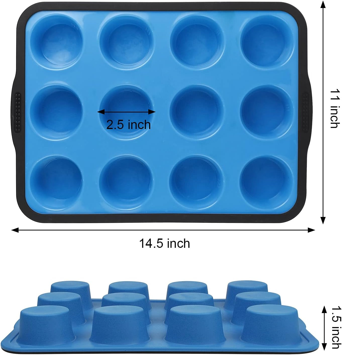 Professional Non-Stick Silicone Muffin Pan with Reinforced Stainless Steel Frame, 12-Cup BPA-Free Baking Mold, Dishwasher Safe, Blue
