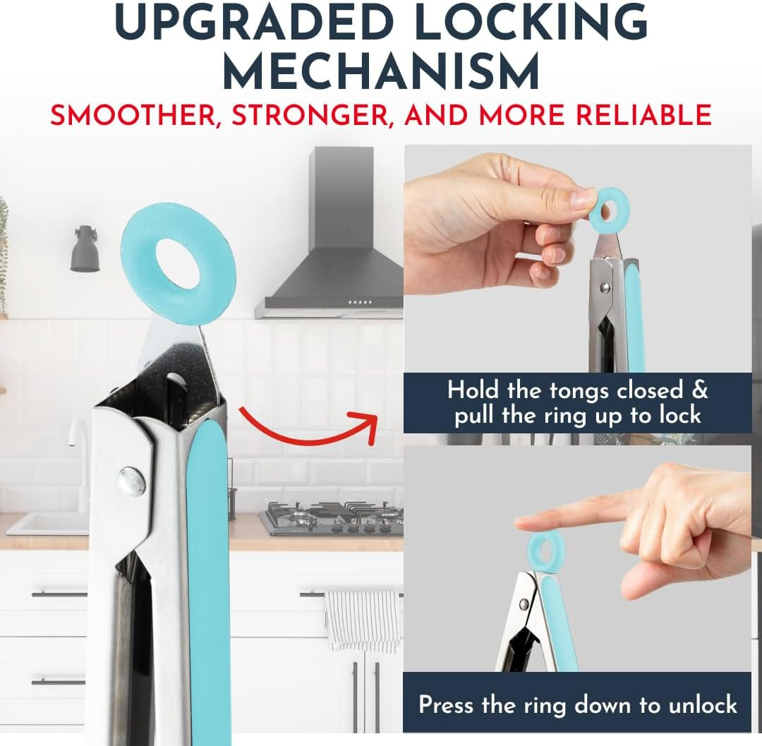 Professional Silicone Kitchen Tongs Set - Heat Resistant Cooking Utensils, 7-Inch, 9-Inch, and 12-Inch Locking Tongs for Serving and Salad, Aqua Color